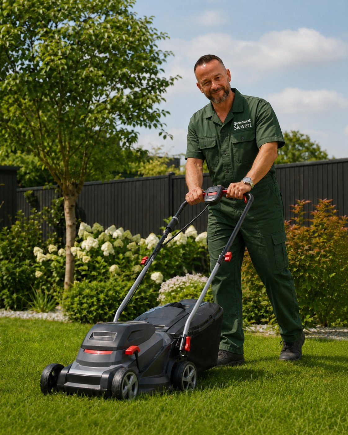 Boris Siewert, Inhaber von Gartenwerk Siewert in Berlin-Pankow, bei der Rasenpflege